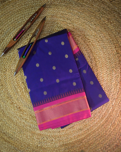 Royal Blue Semi Paithani Silk Saree with Pink Contrast & Woven Chunri Buttis