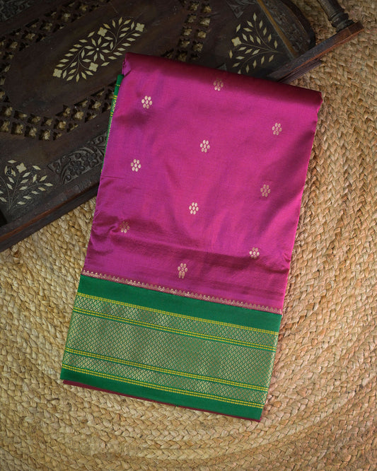 Purple Silk Paithanis Woven paithani with green contrast
