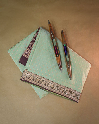 Pastel green Banarasi Silk Saree with Maroon Contrast & Woven Chunri Buttis