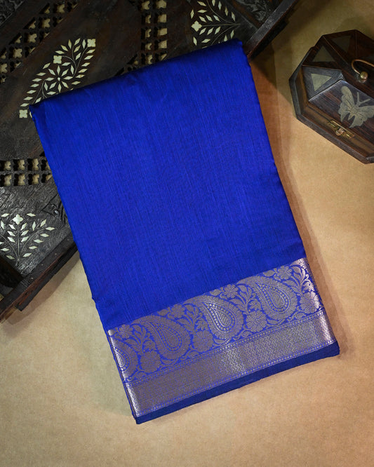 Navy Blue Cotton/Linen Saree – Woven Plain Body with Rich Pallu