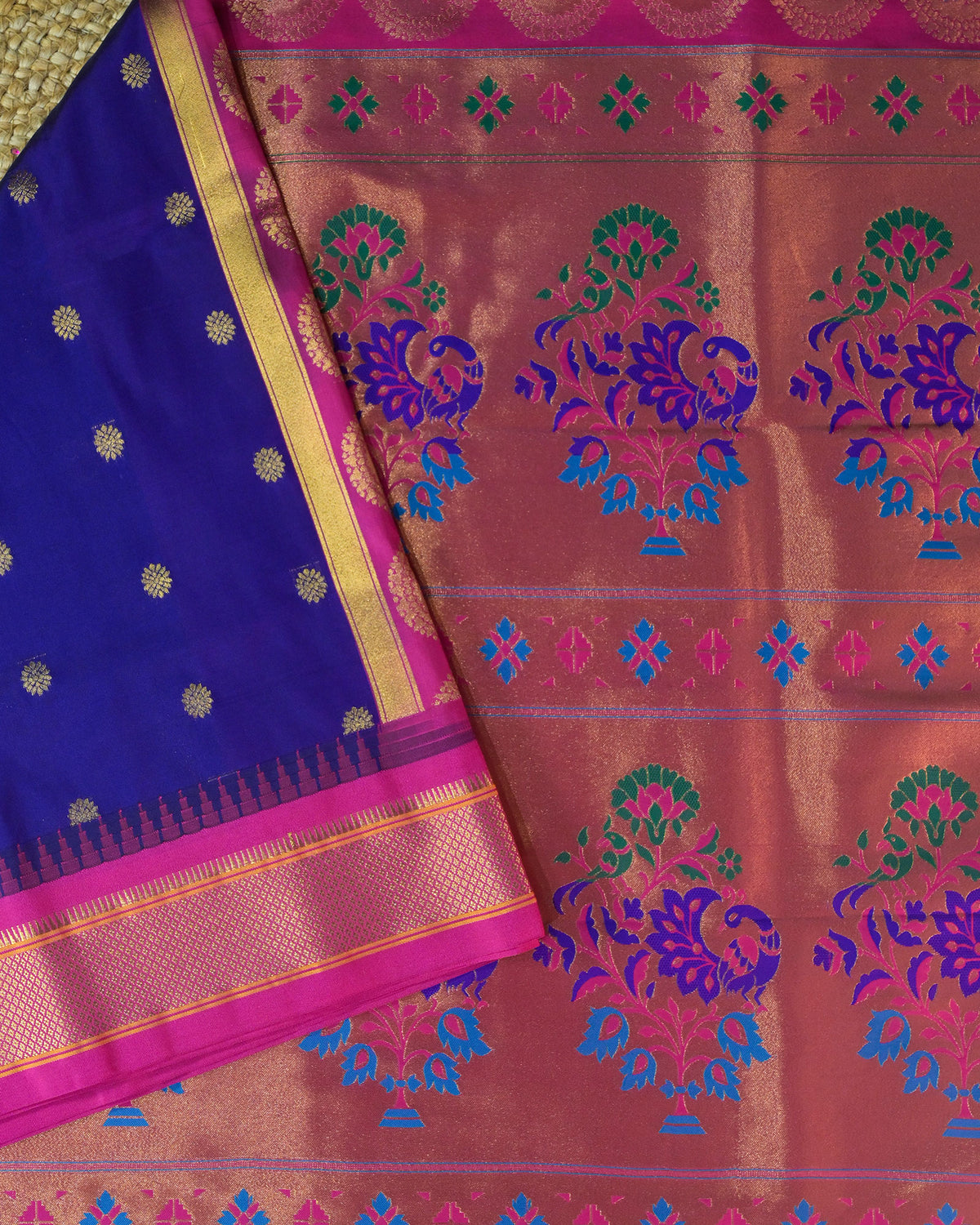 Royal Blue Semi Paithani Silk Saree with Pink Contrast & Woven Chunri Buttis