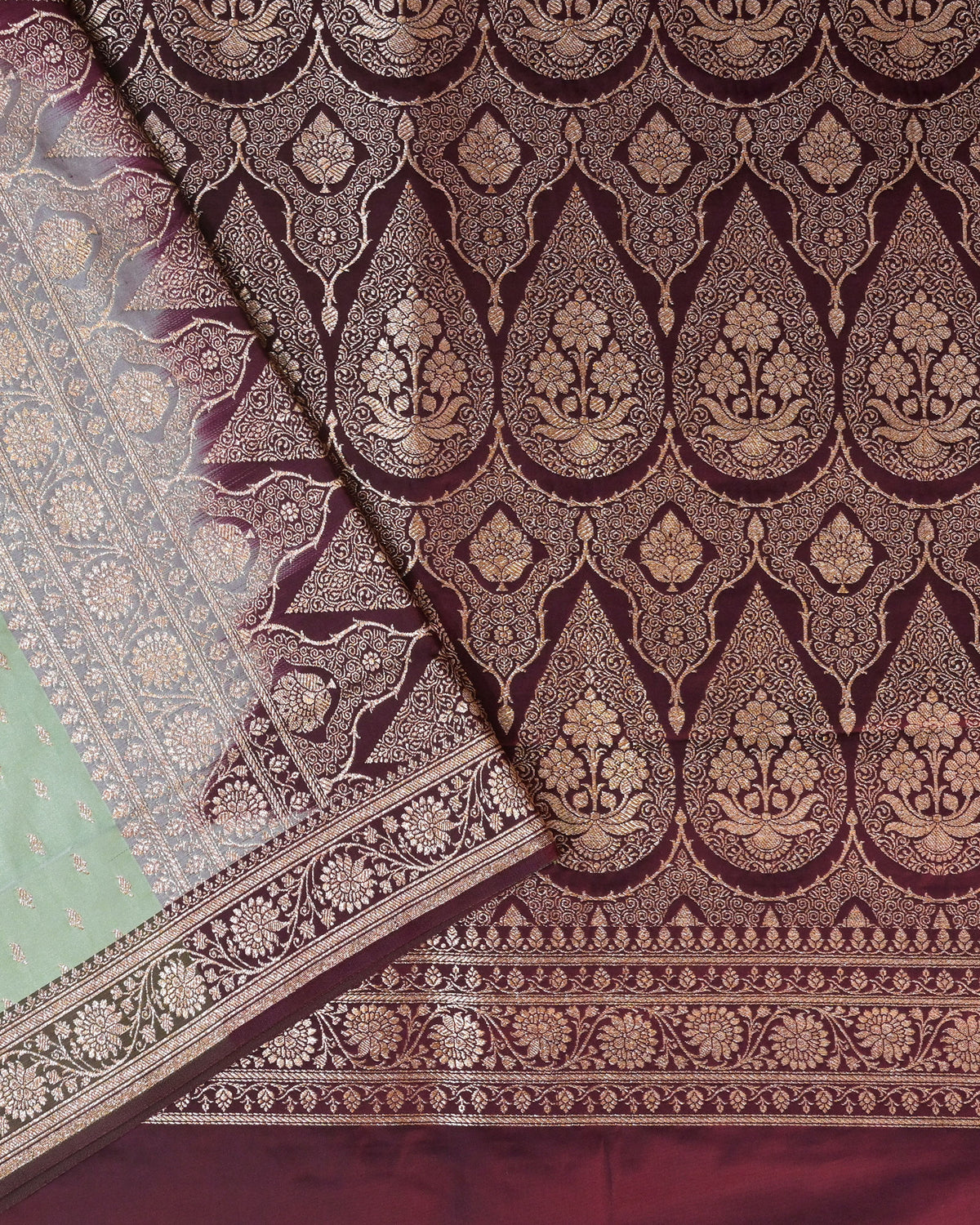 Pastel green Banarasi Silk Saree with Maroon Contrast & Woven Chunri Buttis