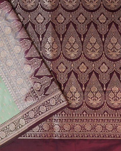 Pastel green Banarasi Silk Saree with Maroon Contrast & Woven Chunri Buttis