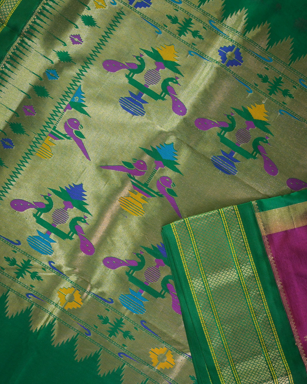 Purple Silk Paithanis Woven paithani with green contrast