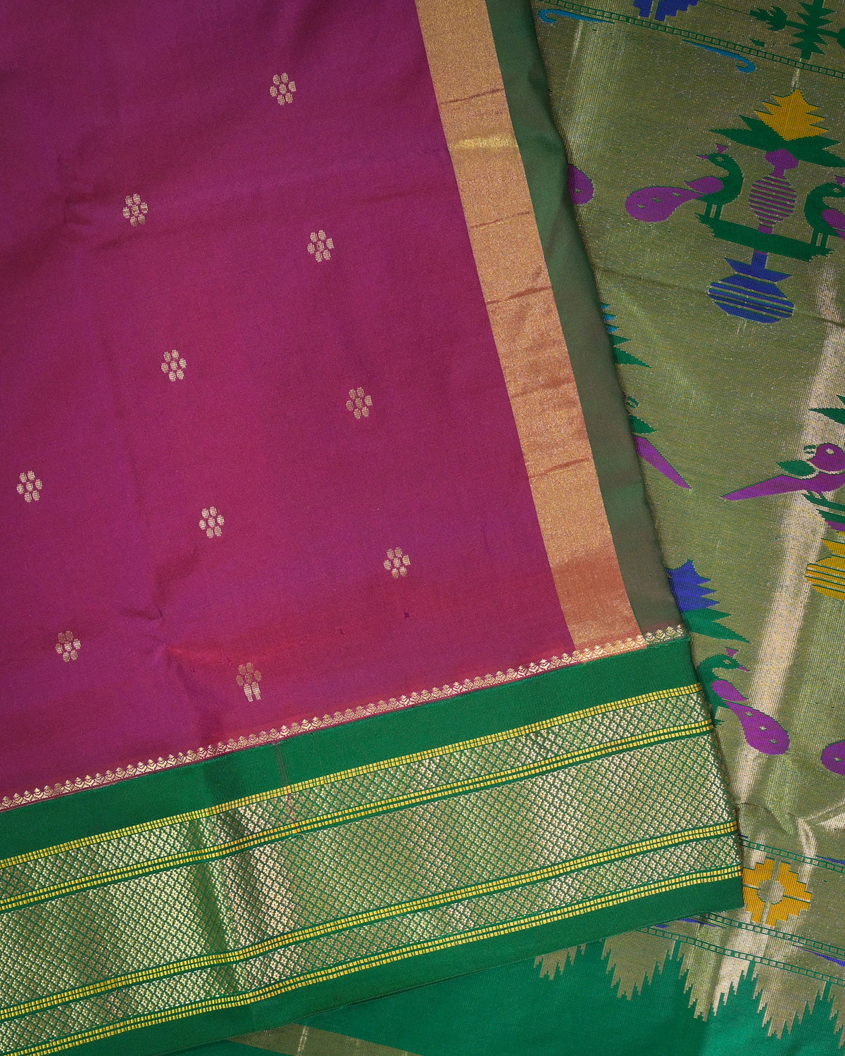 Purple Silk Paithanis Woven paithani with green contrast
