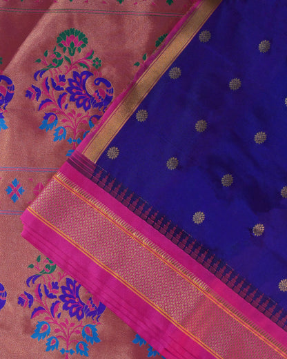 Royal Blue Semi Paithani Silk Saree with Pink Contrast & Woven Chunri Buttis