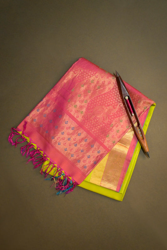 Soft Silk Woven Motifs With Jari Elephant Border