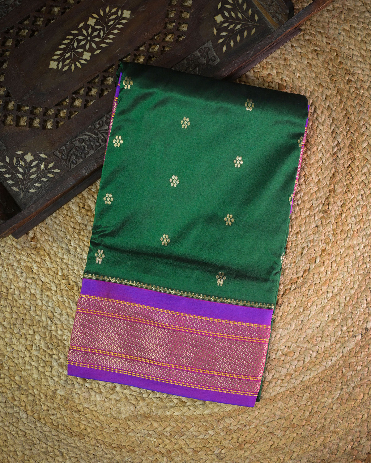 Bottle green Silk Paithanis Woven paithani with purple contrast