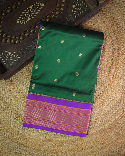 Bottle green Silk Paithanis Woven paithani with purple contrast