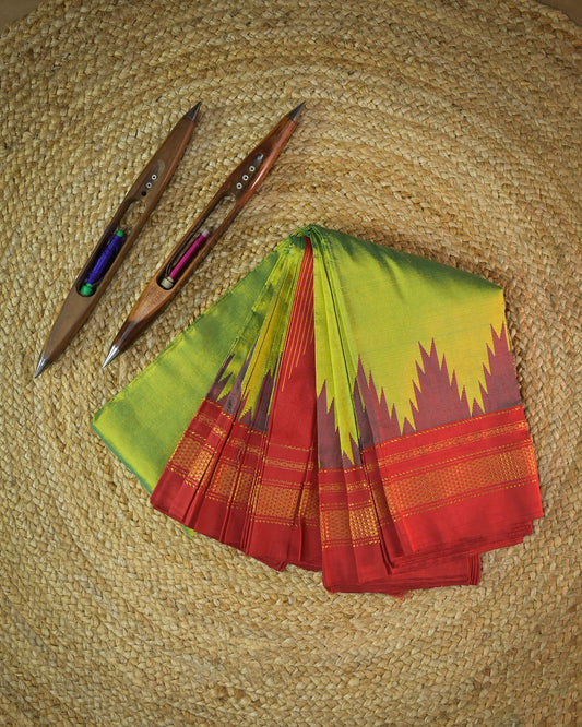 Cross Olive Green Silk Handloom Kolhapuri Ilkal Saree with Red Temple Border
