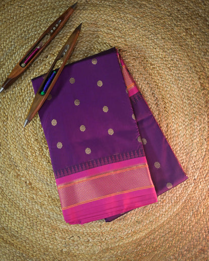 Magenta Semi Paithani Silk Saree with Pink Contrast & Woven Chunri Buttis