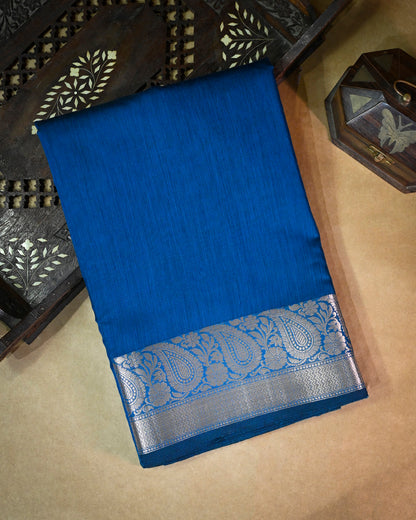 Peacock Blue Cotton/Linen Saree – Woven Plain Body with Rich Pallu