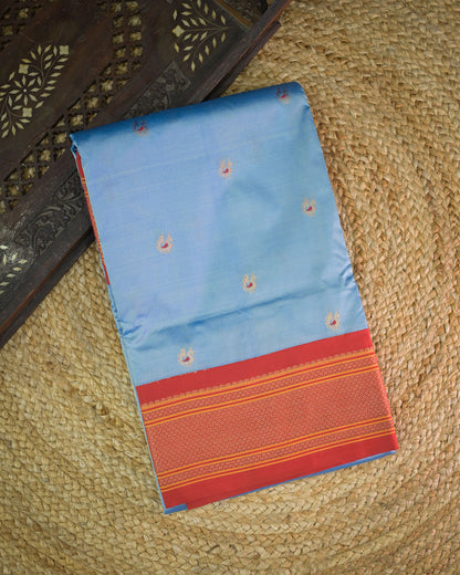 Lavender blue Silk Paithani Woven paithani with red contrast