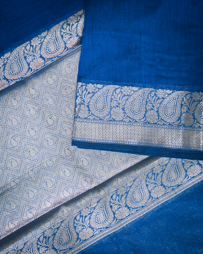 Peacock Blue Cotton/Linen Saree – Woven Plain Body with Rich Pallu