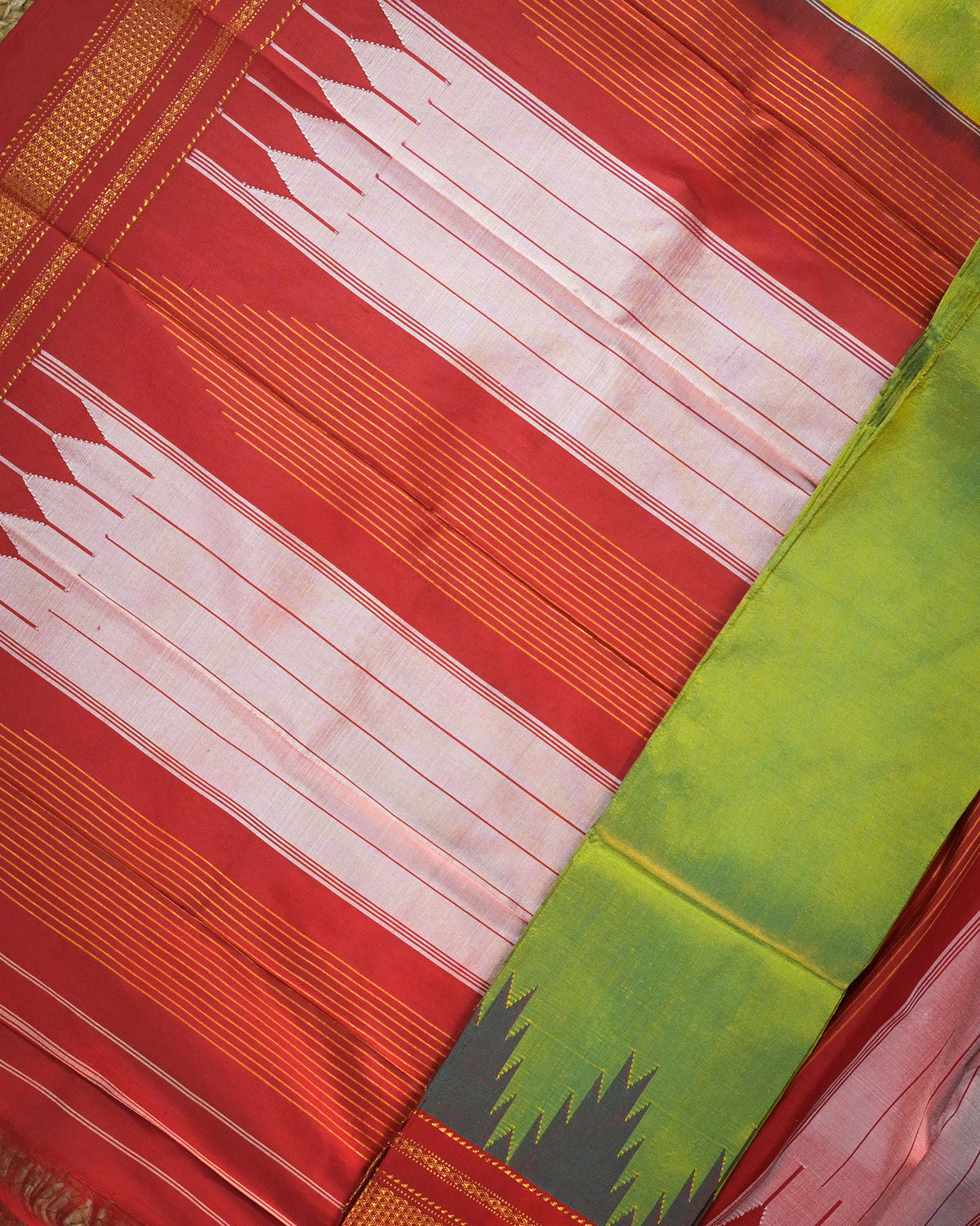 Cross Olive Green Silk Handloom Kolhapuri Ilkal Saree with Red Temple Border