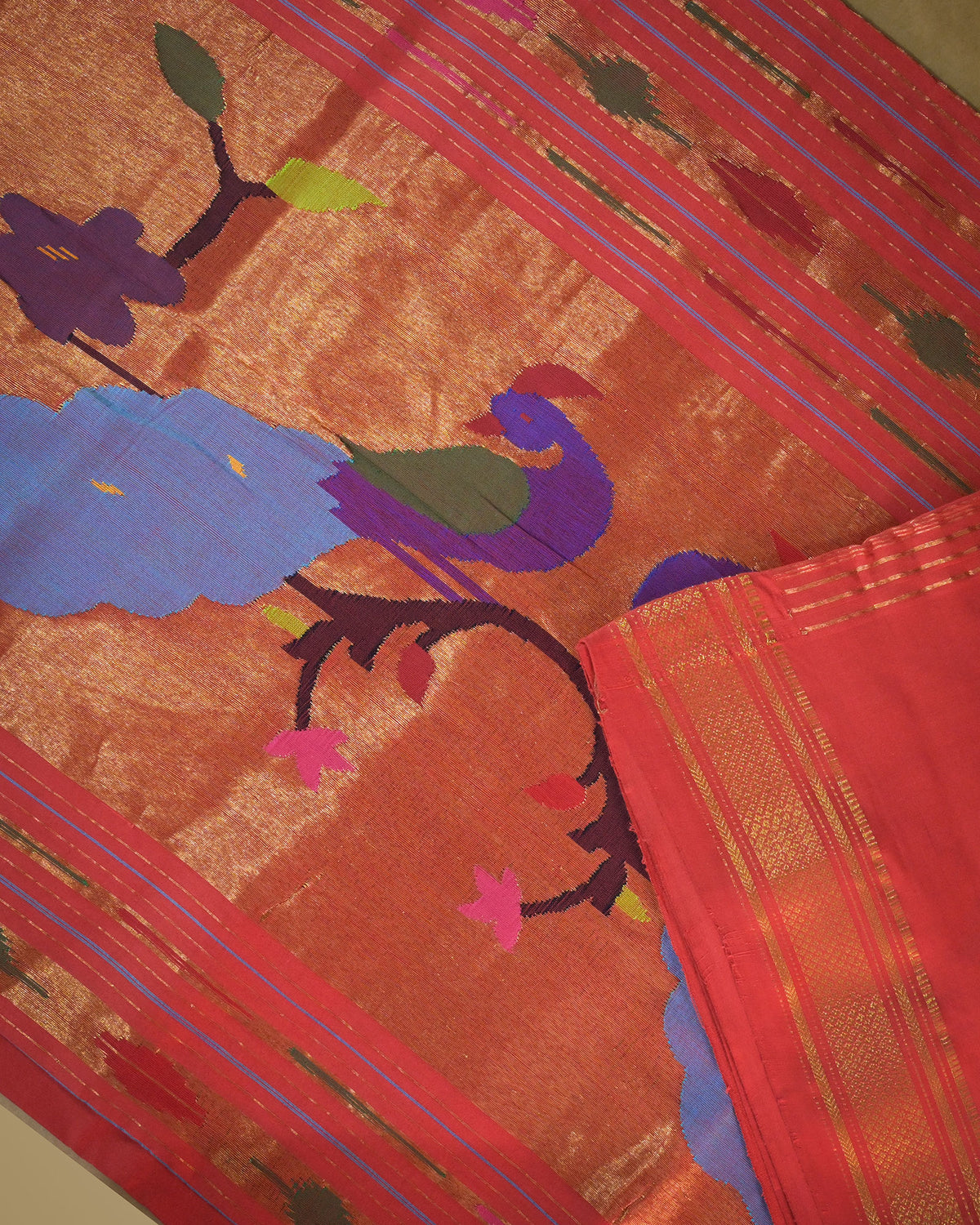 Reddish Rani Handloom Cotton Paithani Saree with Heavy Zari Pallu