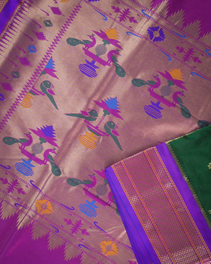 Bottle green Silk Paithanis Woven paithani with purple contrast