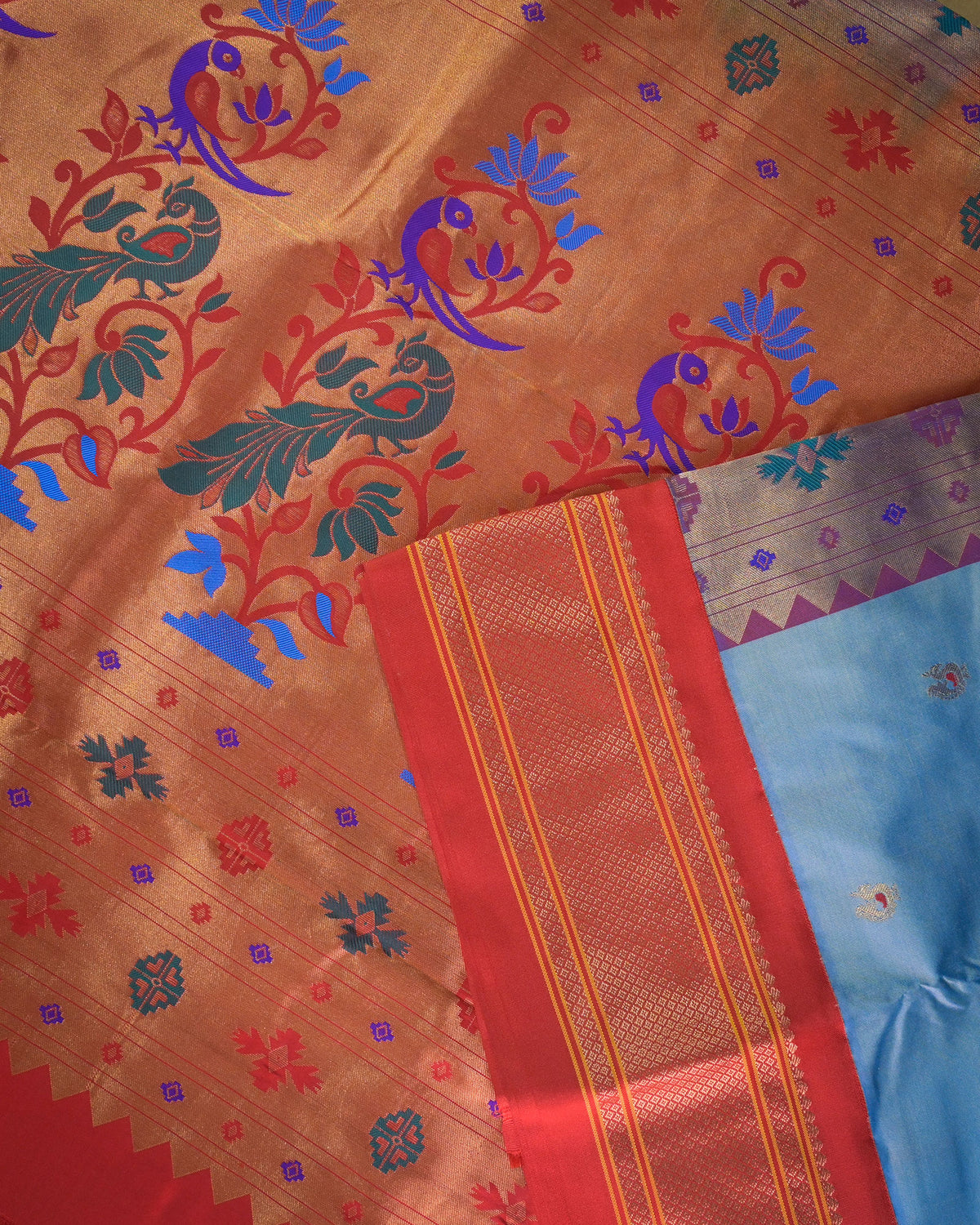 Lavender blue Silk Paithani Woven paithani with red contrast