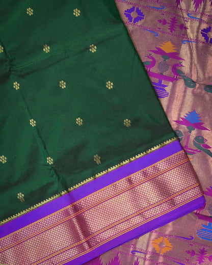 Bottle green Silk Paithanis Woven paithani with purple contrast