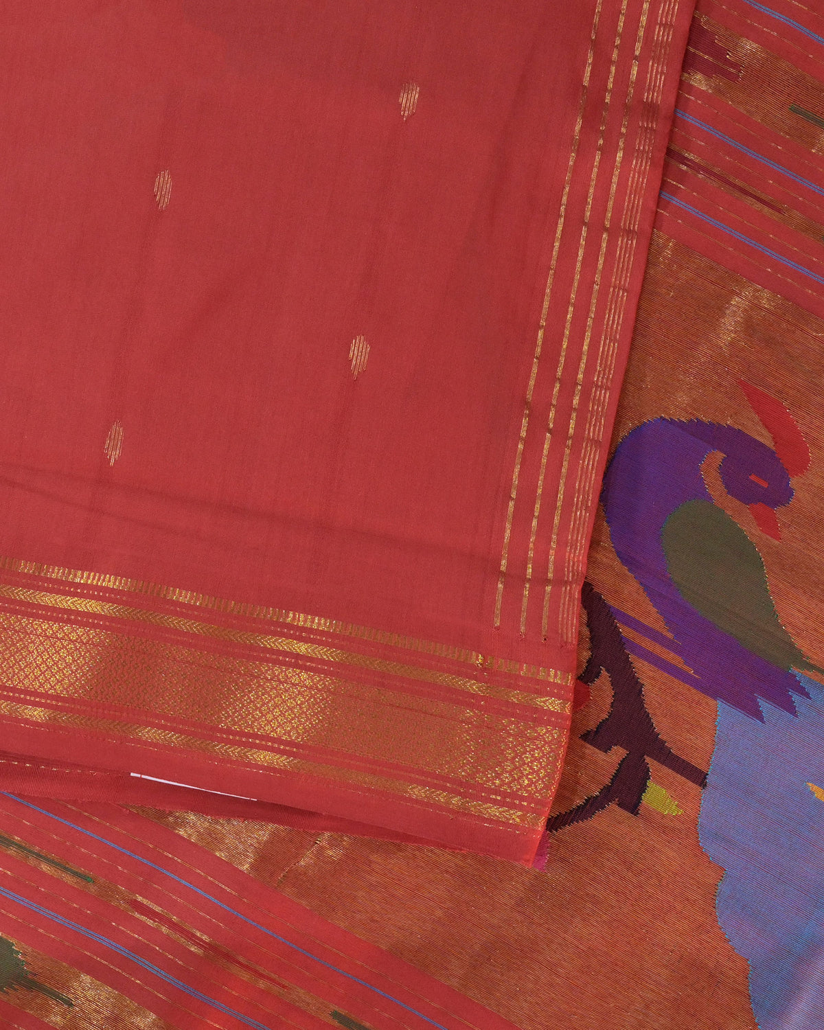 Reddish Rani Handloom Cotton Paithani Saree with Heavy Zari Pallu