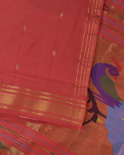 Reddish Rani Handloom Cotton Paithani Saree with Heavy Zari Pallu