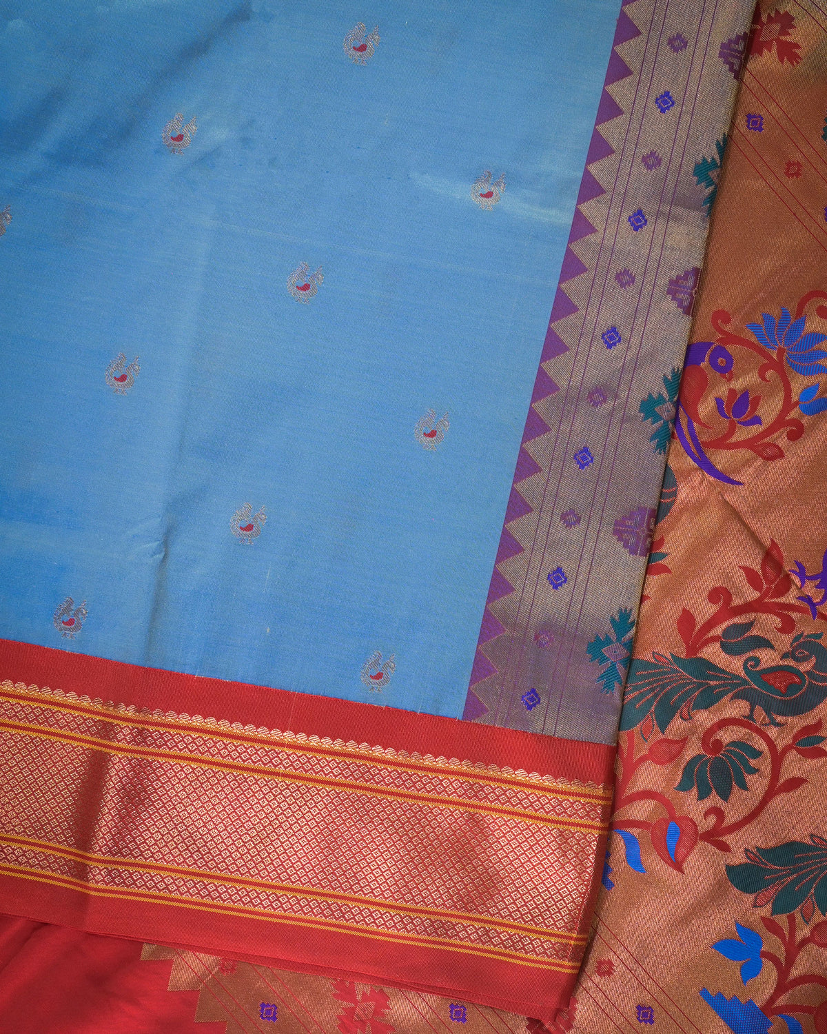 Lavender blue Silk Paithani Woven paithani with red contrast