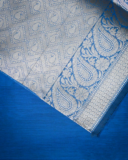 Peacock Blue Cotton/Linen Saree – Woven Plain Body with Rich Pallu