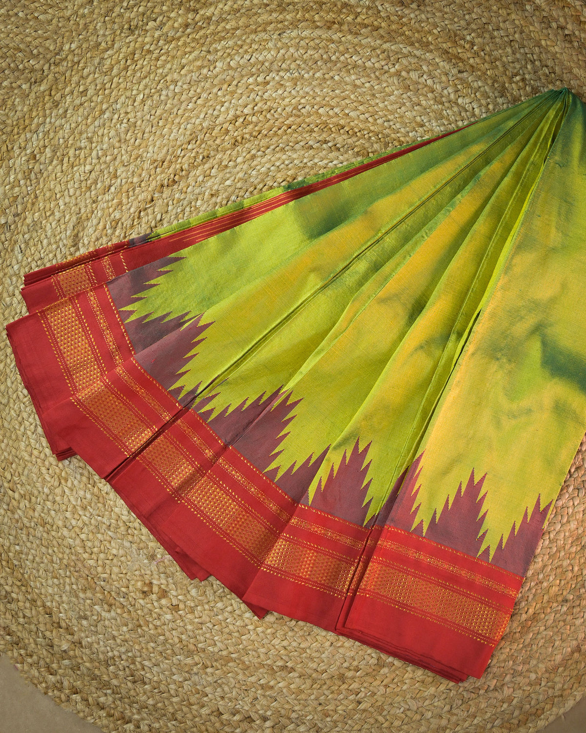 Cross Olive Green Silk Handloom Kolhapuri Ilkal Saree with Red Temple Border