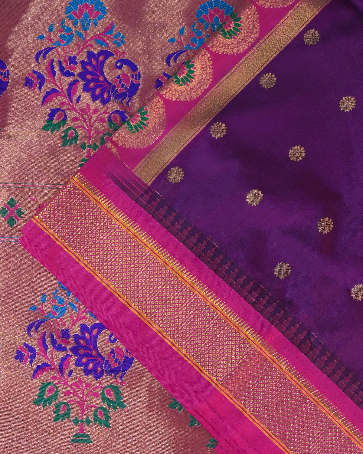 Magenta Semi Paithani Silk Saree with Pink Contrast & Woven Chunri Buttis