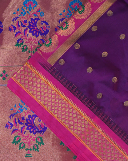 Magenta Semi Paithani Silk Saree with Pink Contrast & Woven Chunri Buttis
