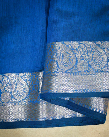 Peacock Blue Cotton/Linen Saree – Woven Plain Body with Rich Pallu
