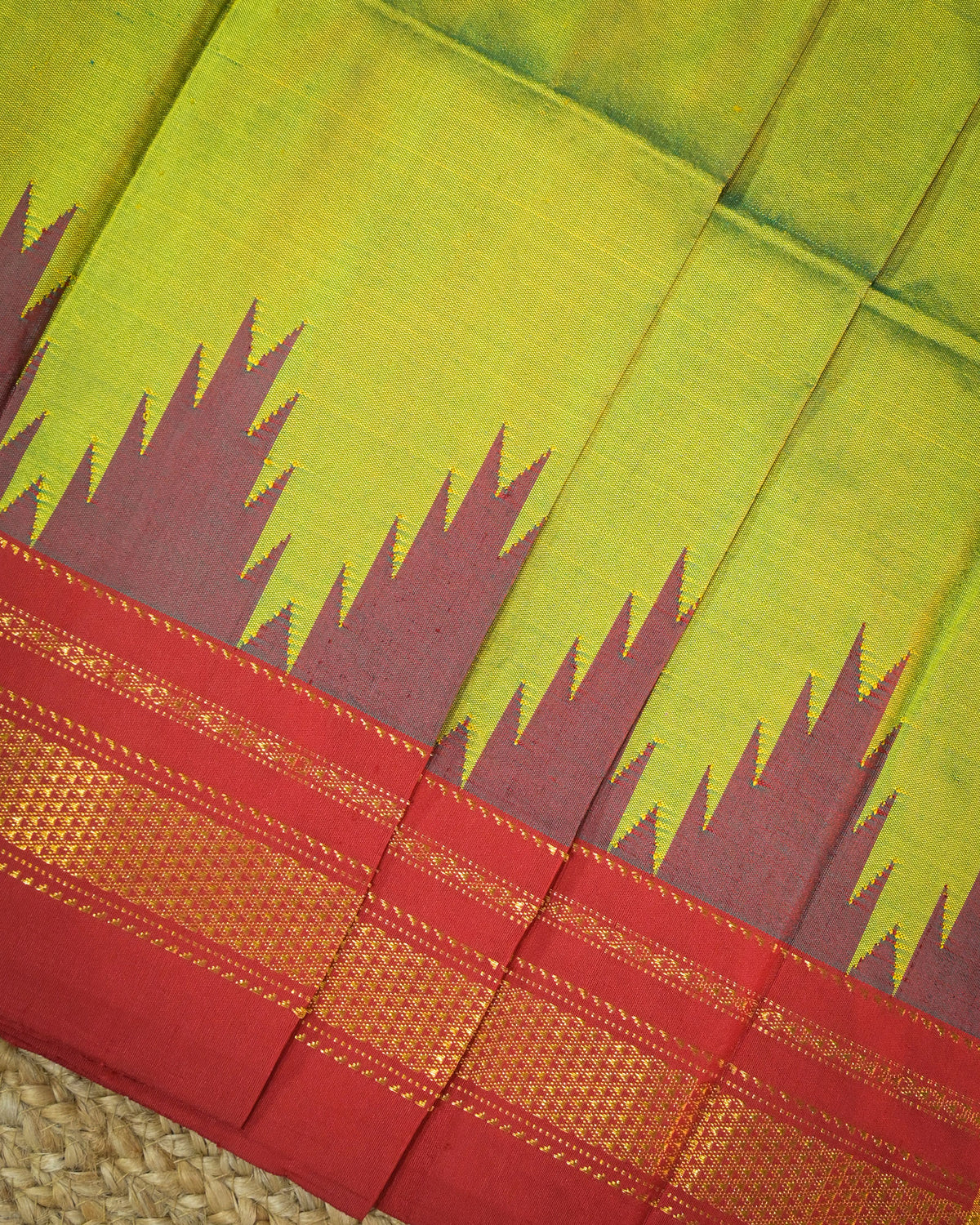 Cross Olive Green Silk Handloom Kolhapuri Ilkal Saree with Red Temple Border