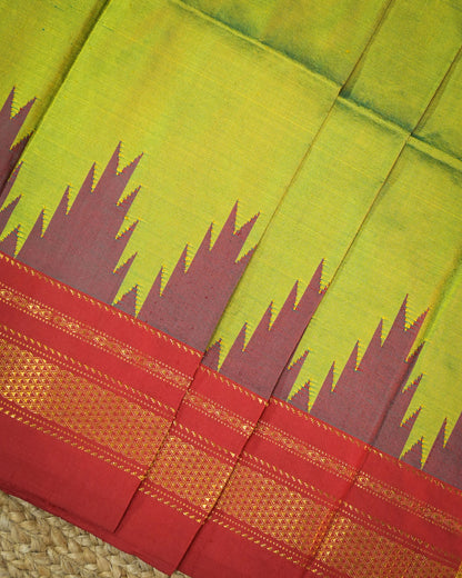 Cross Olive Green Silk Handloom Kolhapuri Ilkal Saree with Red Temple Border