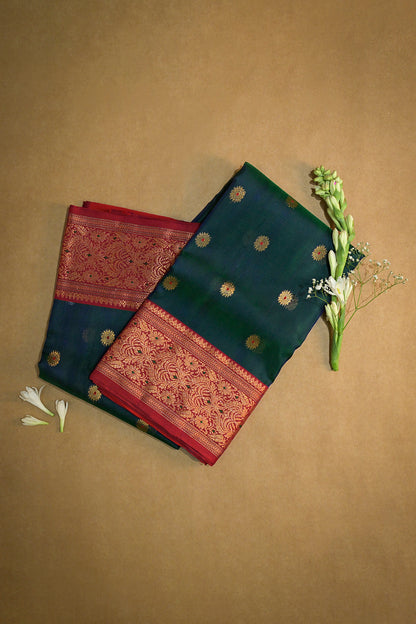 Chanderi Woven Meena And Jari Motifs With Red Contrast