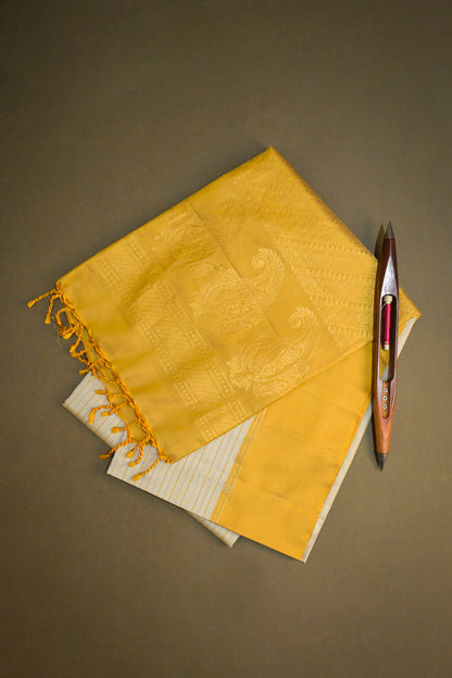 Soft Silk Horizontal Weaving With Vertical Jari Lining With Gold Contrast