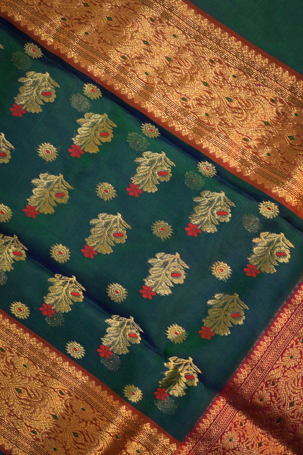 Chanderi Woven Meena And Jari Motifs With Red Contrast