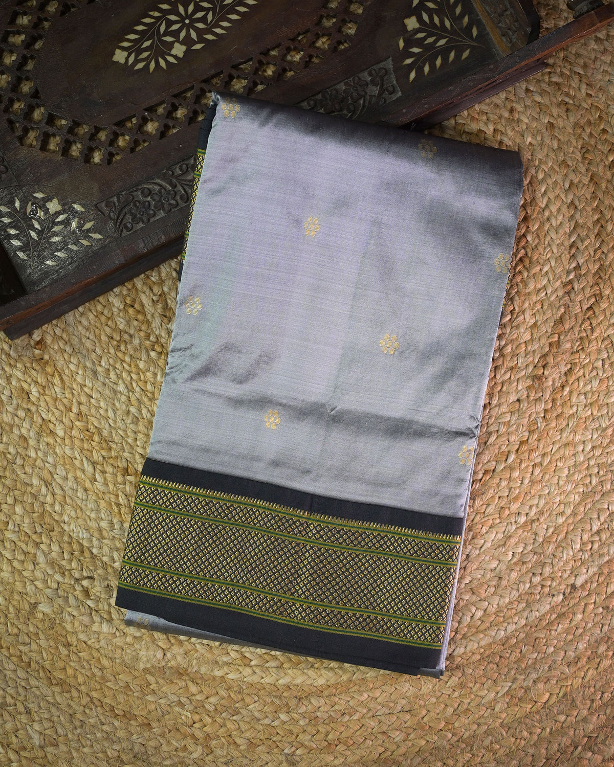 Grey Silk Paithanis Woven paithani with black contrast