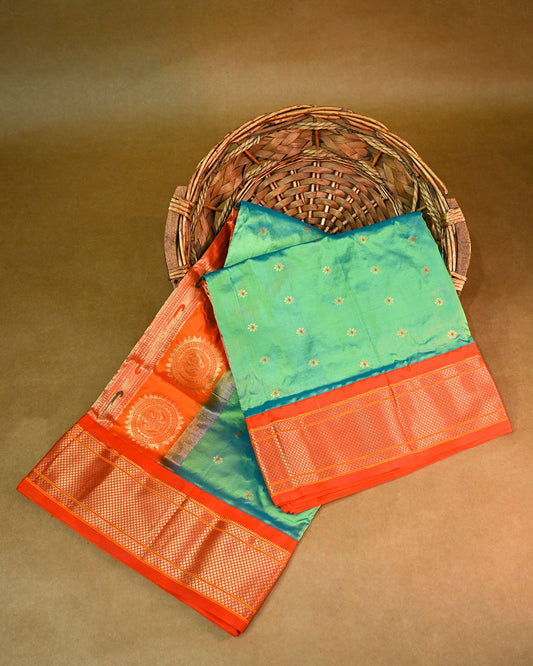 Pista Green With Orange Contrast Pure Silk Kadiyal Paithani Saree
