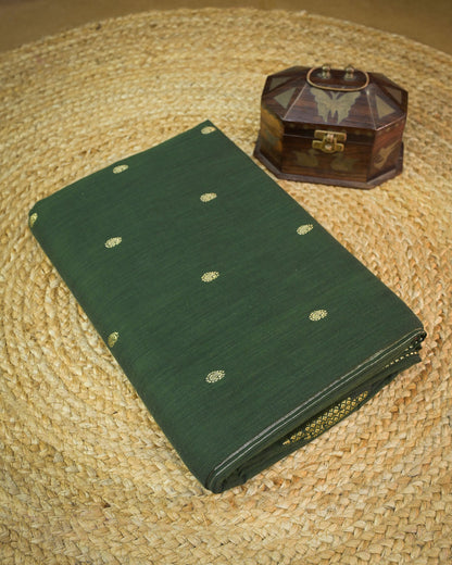 Olive green Handloom Cotton Paithani Saree with Heavy Zari Pallu