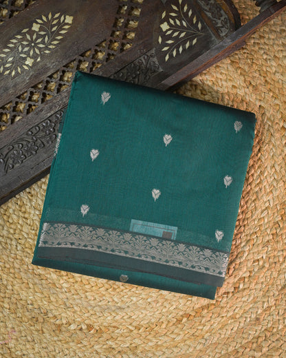Peacock Blue Chanderi Cotton Saree with Woven Buttis & Piping Border