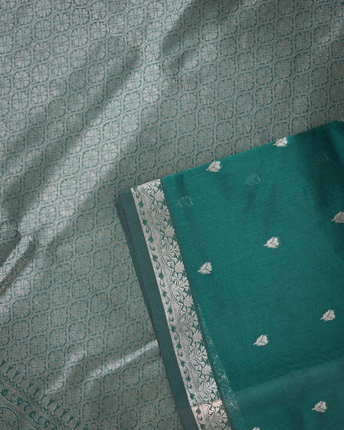 Peacock Blue Chanderi Cotton Saree with Woven Buttis & Piping Border