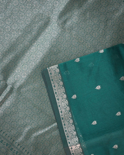 Peacock Blue Chanderi Cotton Saree with Woven Buttis & Piping Border