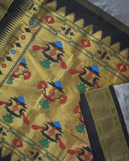 Grey Silk Paithanis Woven paithani with black contrast