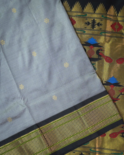Grey Silk Paithanis Woven paithani with black contrast