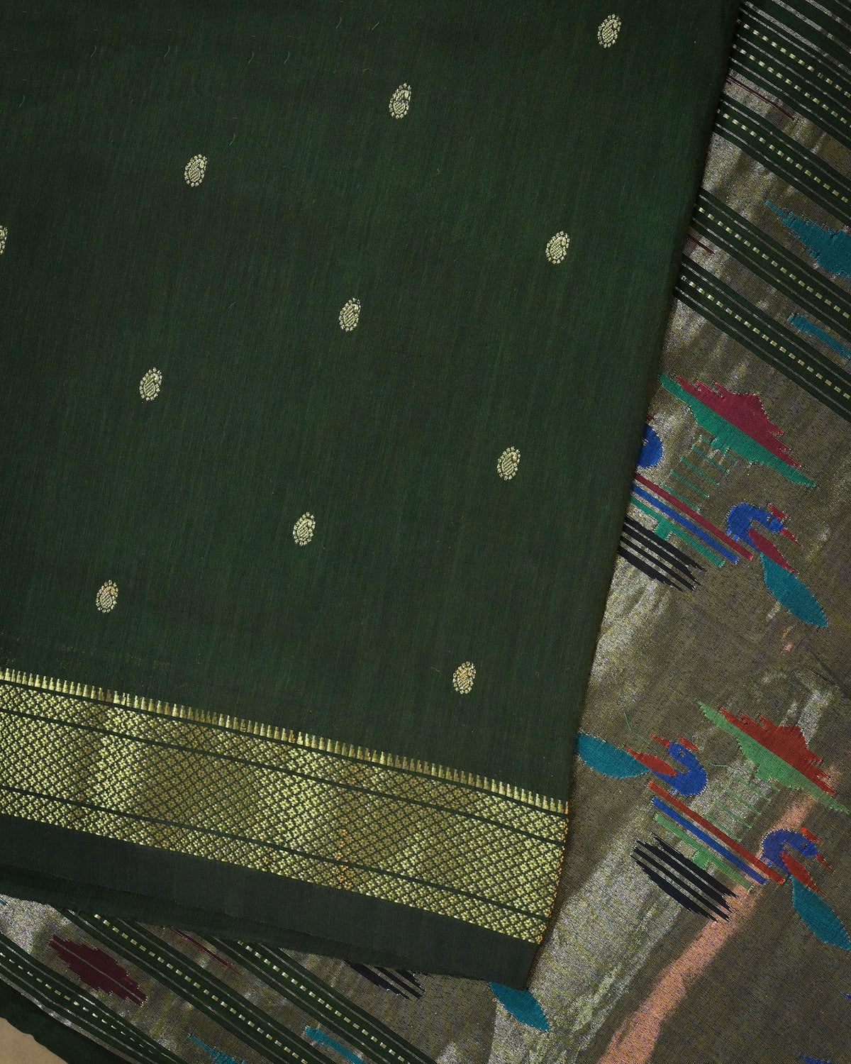 Olive green Handloom Cotton Paithani Saree with Heavy Zari Pallu