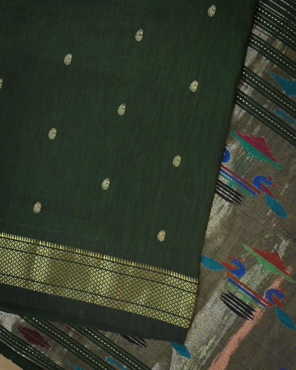 Olive green Handloom Cotton Paithani Saree with Heavy Zari Pallu