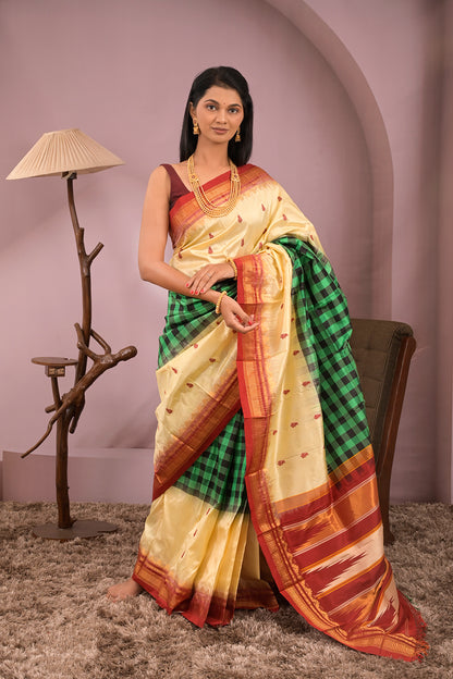 Kolhapuri Ilkal Woven Gold Jari Leaves Motifs with Multicoloured Chex