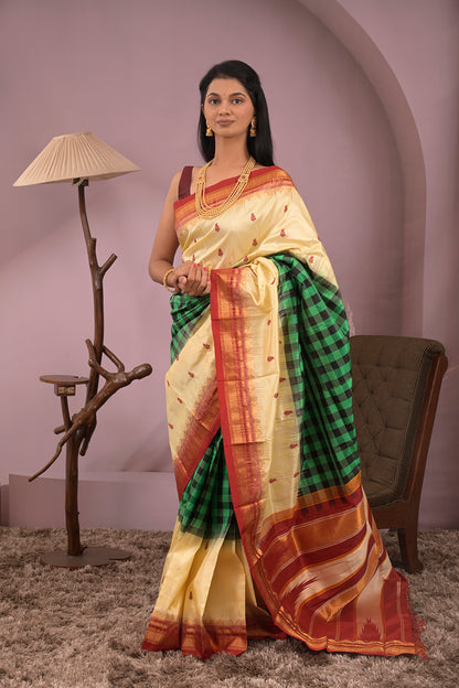 Kolhapuri Ilkal Woven Gold Jari Leaves Motifs with Multicoloured Chex