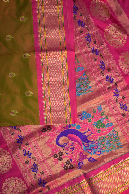 9yard  Handwoven Pure Paithani With Peacock Meena Buttis And Pink Contrast