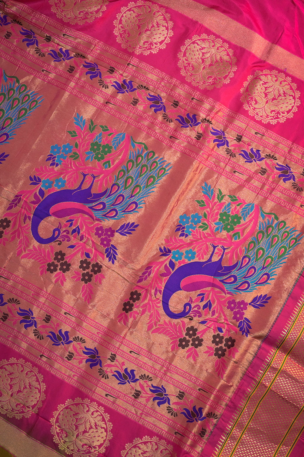 9yard  Handwoven Pure Paithani With Peacock Meena Buttis And Pink Contrast